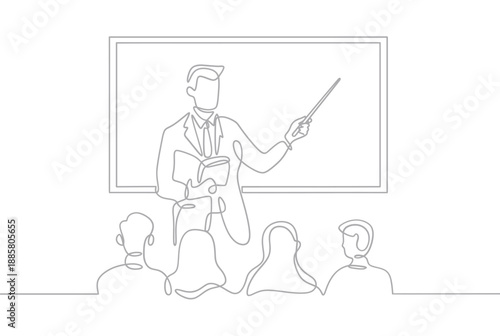 A teacher lecturing to students in a classroom line art illustration