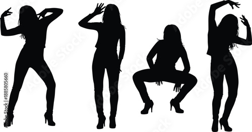 Four female dancer silhouettes in high heels striking expressive poses capturing rhythm, movement, fashion and performance for dance choreography and editorial use