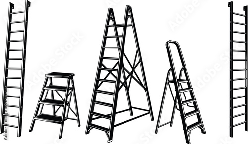 Ladder silhouette collection, different ladder types set, construction tools illustration, black step ladders isolated on white background design