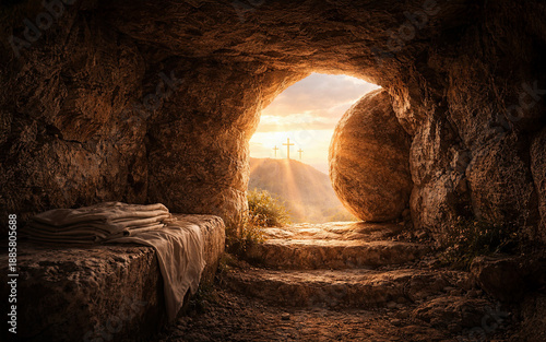 Wallpaper Mural Empty Tomb at Sunrise With Crosses in Distance, Resurrection of Jesus Christ Easter Concept Torontodigital.ca