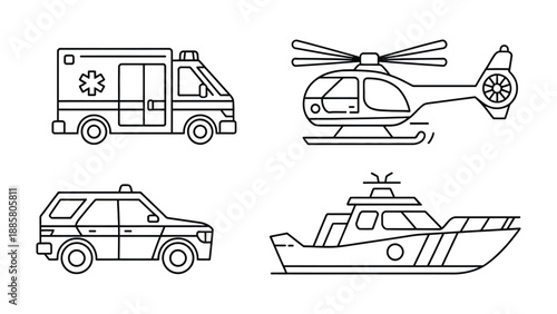 Emergency Service Vehicles: A collection of various emergency vehicles illustrated in clean lines, symbolizing rapid response and essential services.