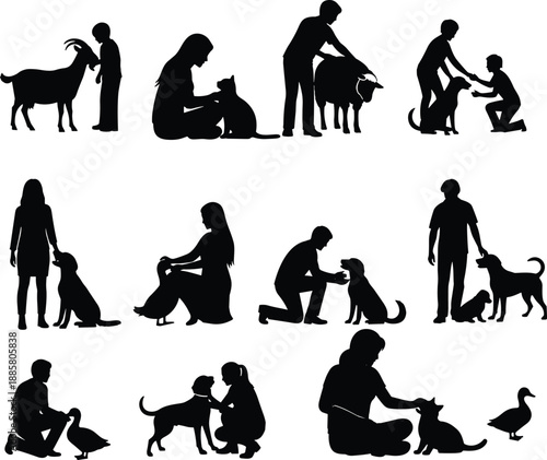 Set of twelve child silhouettes seated in varied poses showing reading, writing, thinking and expressive gestures for education, psychology, and learning resources