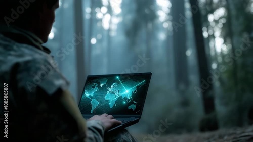 soldier using military laptop in forest command post, cyber warfare and tactical communication concept, digital map with global connections on screen cyber warfare, military techno 4K