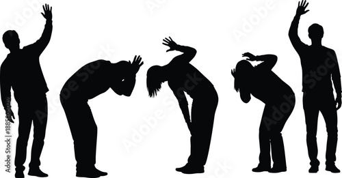 Five black silhouettes in sequential poses illustrating motion and transformation, standing and bent figures suggesting dance, wave, choreography, movement and expression