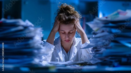 Overwhelmed businesswoman sitting at desk with piles of paperwork at night