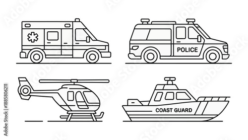 Emergency Vehicles Array: An illustration features an ambulance, police vehicle, helicopter, and coast guard vessel, each meticulously depicted to represent critical response services. 