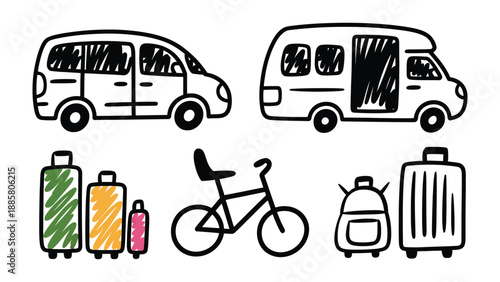 Traveling Essentials: This playful illustration depicts travel essentials, including a van, a minibus, suitcases, a bicycle, and a backpack. Capturing the spirit of adventure and the joy of travel.