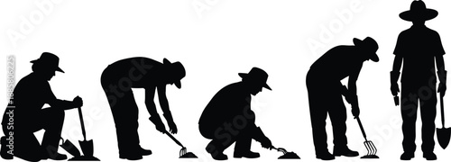 Set of five black gardening silhouettes showing a person with hat performing digging, raking, planting and standing poses for farming and education