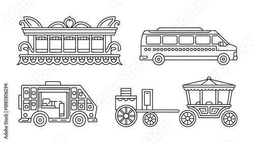 Vehicles Vector Collection: A diverse compilation of detailed vehicle illustrations, from a classic carriage to modern bus in monochromatic style.