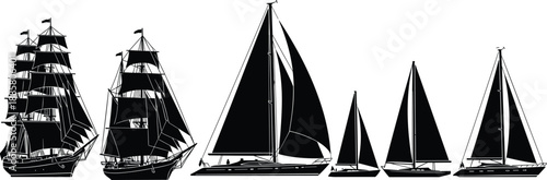 Sailboat and ship silhouette collection, sailing vessels set, maritime transport illustration, black nautical boats isolated on white background