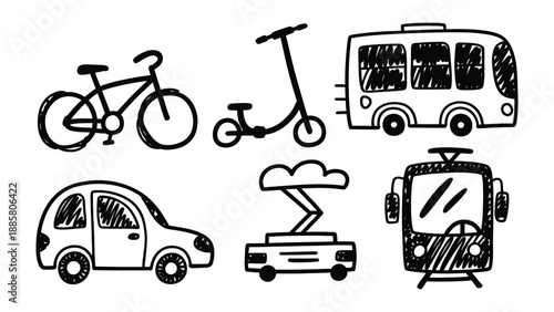 Vehicular Variety: Artistic rendering of several different types of transportation, offering a concise visual representation of mobility on land.