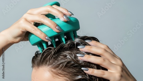 woman using a scalp massager on her hair and scalp for relaxation and cleansing