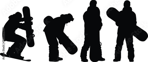 Four snowboarder silhouettes in dynamic poses showing jumps, stance, and board handling for winter sports, freestyle action, extreme snowboarding vector illustration