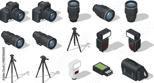 Isometric photography gear, digital cameras, camera lenses, tripods, flashes, binoculars, battery charger, camera bag, professional tools, hobbyist equipment, setup