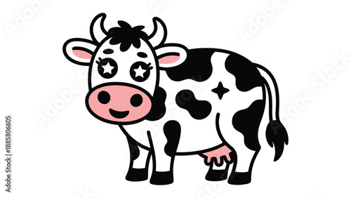Happy Cow: A cheerful illustration of a cow with distinctive markings, featuring a bright smile and inviting presence. 