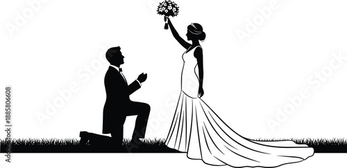 wedding, proposal, silhouette, couple, romantic, engagement, bride, groom, love, marriage, illustration, vector, black, white, elegant, bouquet, kneeling, moment, celebration, romance