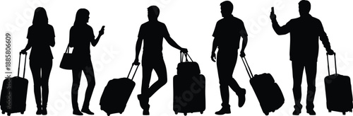 Silhouettes of five travelers with rolling suitcases using mobile phones in transit, modern travel concept for airport and commuting visuals