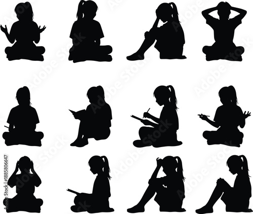 Set of twelve black child silhouettes in seated poses showing reading, writing, thinking and expressive gestures for education and psychology