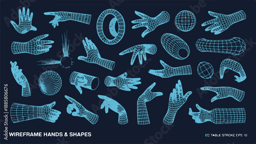 Wireframe Hands and Shapes in Blue dark background