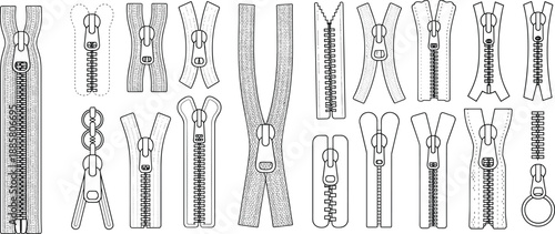 Zipper collection line art illustration, sewing accessories set, clothing fastener designs, tailoring tools, black and white fashion elements