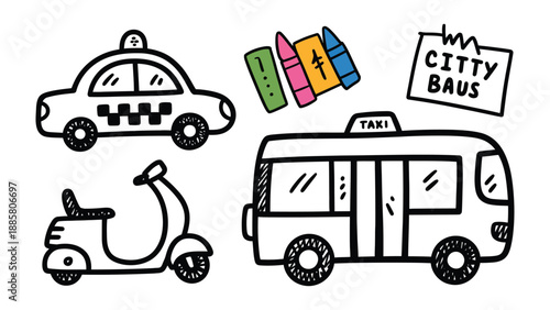Urban Transport Collection: A charming ensemble of hand-drawn vehicles. including a taxi, city bus, scooter and crayons. Each element a playful exploration of transportation.