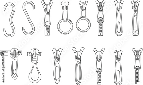 Zipper puller and slider set illustration, sewing accessories collection, clothing fastener parts, tailoring hardware, black and white vector
