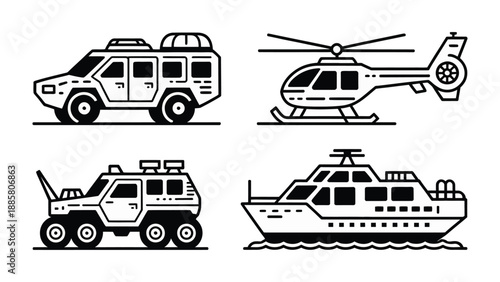 Vehicles: Explore an illustrated array of vehicles, including a versatile car, a swift helicopter, an all-terrain vehicle, and a sleek ship, all rendered in simple lines.