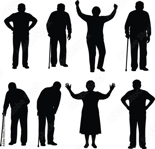 Silhouettes of elderly people demonstrating diverse mobility and posture variations with canes for geriatric care, physical therapy, aging research and healthcare