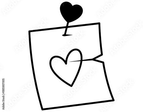 Minimalist line art illustration of a paper note with a heart symbol held by a heart shaped push pin, concept for romantic messages, love reminders, and Valentine's Day secrets.