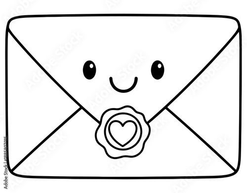 Cute minimalist line art illustration of a kawaii envelope with a heart seal, vector sticker for romantic love letters, Valentine's Day messages, and wedding invitations.