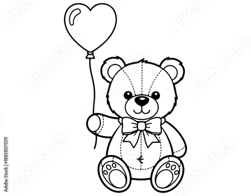 Cute minimalist line art illustration of a teddy bear holding a heart shaped balloon, vector sticker for romantic gifts, love greetings, childhood memories, and Valentine's Day.