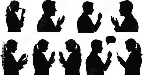 Eight diverse silhouette figures demonstrating everyday gestures and interactions including makeup, clapping, smartphone use, conversation, and object inspection