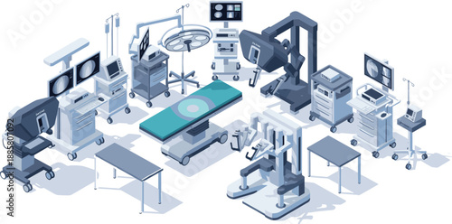 Isometric surgical room equipment set, including operating tables, robotic surgery systems, anesthesia machines, monitors, medical carts, and hospital technology elements vector.