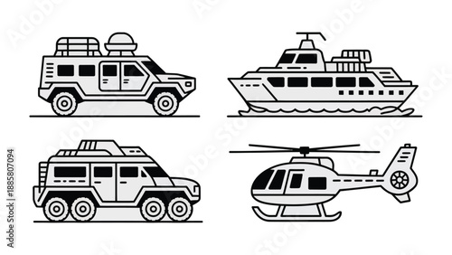 A Collection of Transport Icons: A modern illustration presents four distinct transport icons, encompassing a rugged off-road vehicle, a luxury cruise ship, a tactical truck, and a swift helicopter.