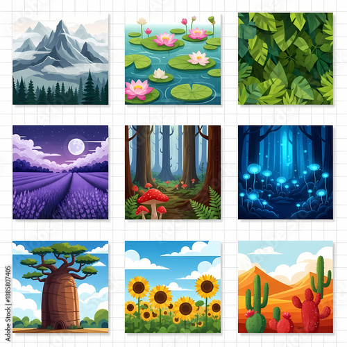 Collection of 9 scenic landscape illustrations