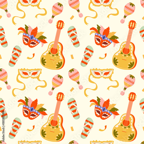 Seamless pattern with musical instruments and masks, Brazilian carnival