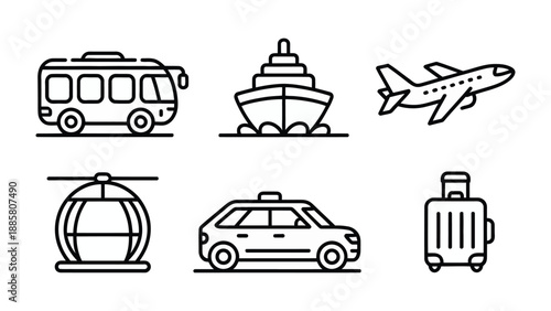 Traveling Transport Symbols: A collection of simple, streamlined icons representing various modes of travel, ideal for transportation and journey themes. 
