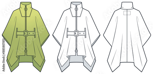 Women Belted Cape Coat Technical Flat Sketch. Zip Up Poncho fashion flat technical drawing template, front and back view, white, green, women, men, unisex CAD mockup.