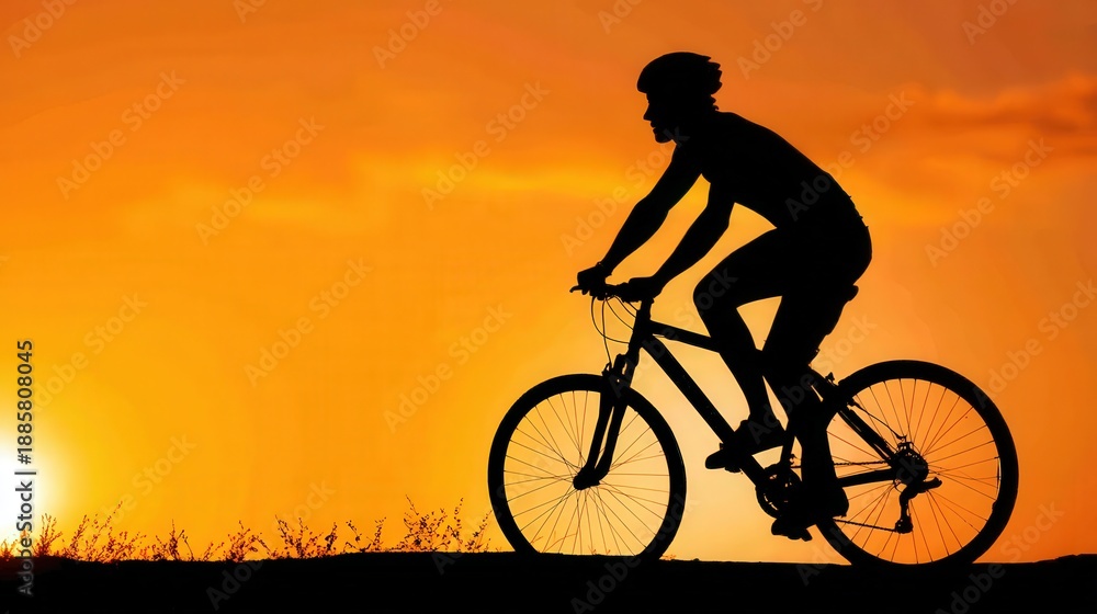 Obraz premium Silhouette of a person riding a bicycle against a vibrant orange sunset