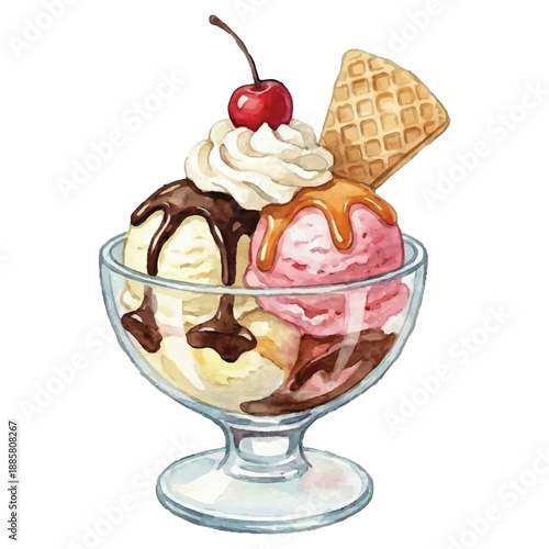 Watercolor Ice Cream Sundae Illustration on White Background, Classic Summer Dessert Vector
