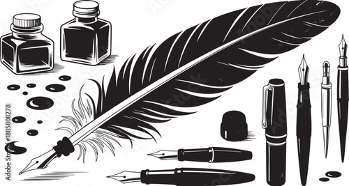 Black and white of quill pen ink bottles and fountain pens writing calligraphy