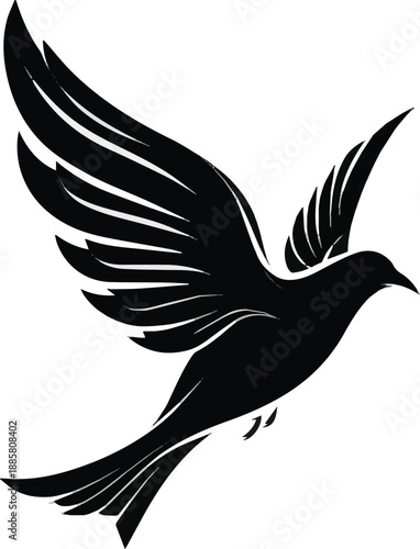Create a Black Silhouette of a Bird in Flight with White Wing Details for logo design