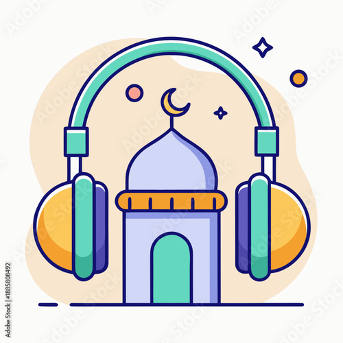 Mosque with Headphones Illustrating Islamic Audio Content
