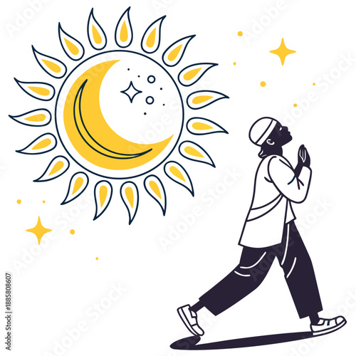 Muslim praying at dawn with celestial sun and moon