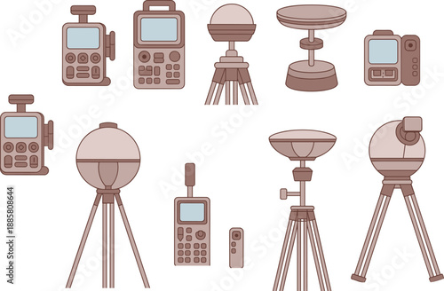 Flat vector illustration of modern land surveying equipment set including GPS receivers, total stations, theodolites, tripods, and measurement instruments for engineering and construction projects