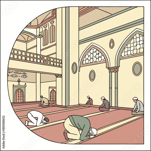 Muslims Praying in a Mosque Interior