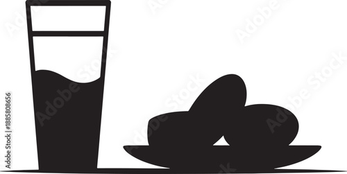 Black silhouette of a tall glass filled with liquid next to a small plate with three fruits