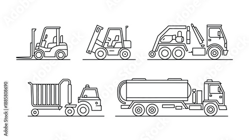 Essential Vehicles Lineup: A curated assembly of heavy-duty vehicles, each poised for its vital function, presented in a minimalist, illustrative style.