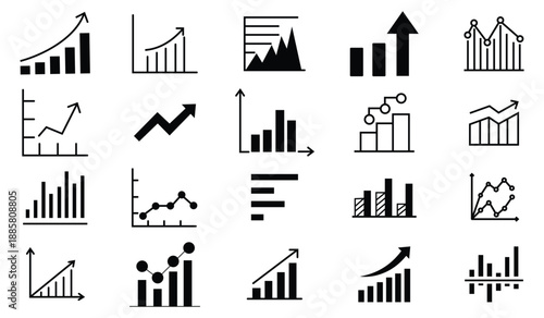 Growth bar icon set. Out line icon of  arrows up, diagram, goal, development, increase, growth, bar graph, improvement and more.  Vector illustration