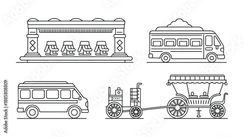 Line Art Transportation: A set of simple line art illustrations showcases various modes of transportation, from buses and horse carriages to a bus stop.